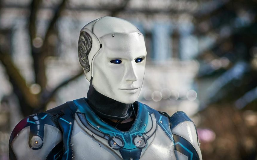 Close-up of a futuristic humanoid robot with metallic armor and blue LED eyes.
